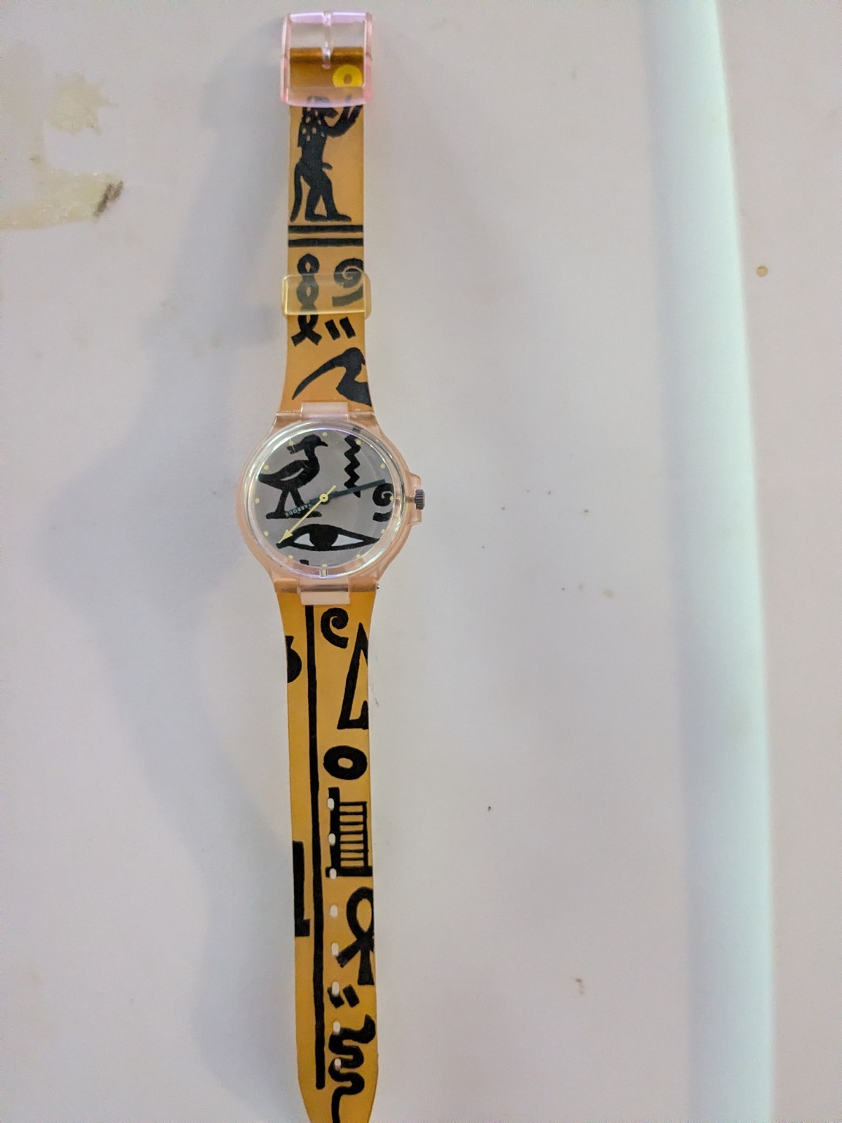 Swatch Quartz Analog 30m Clear Plastic Case 34mm Yellow/Black Strap Egyptian