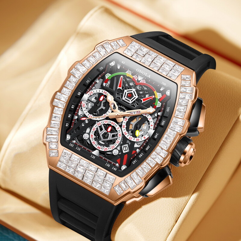 ONOLA Tonneau Hollow Pavé CZ Multifunction Week/Month Automatic Mechanical Watch