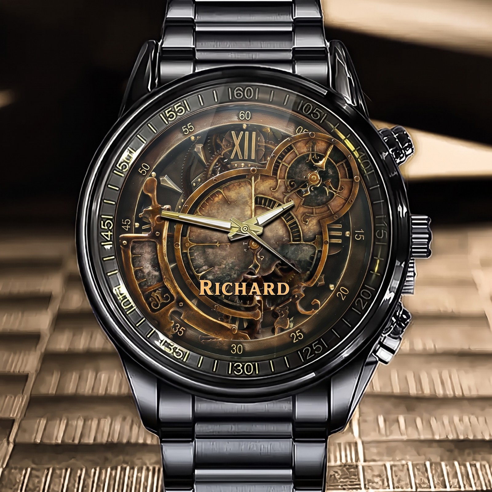Personalized Industrial Steampunk Stainless Steel Wristwatch – Custom Name