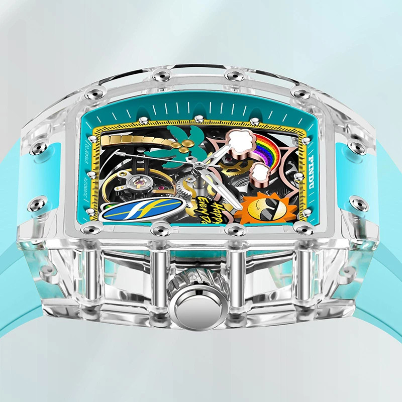 PINDU Men Mechanical Watch Tonneau Summer Beach Glowing Waterproof Silicone