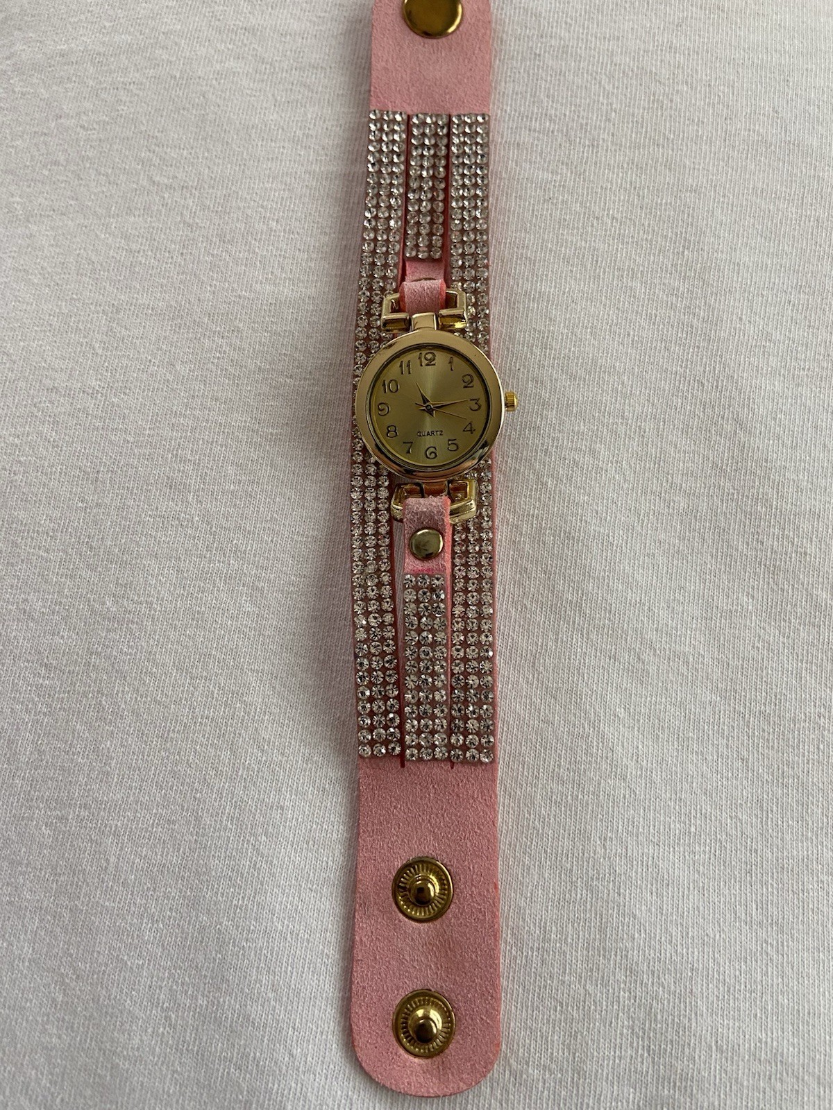 Vegan Suede Pink Goldtone Snap Close 3 Strands Rhinestone Watch New Battery #105