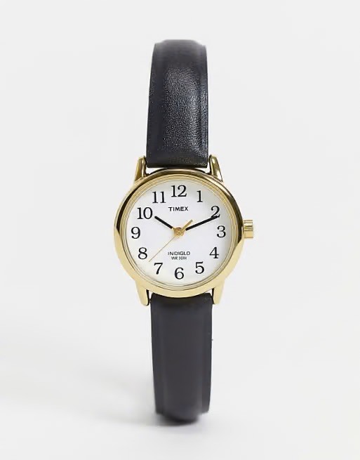 Timex Easy Reader Womens Watch Gold Tone Case White Dial Black Leather Band A10