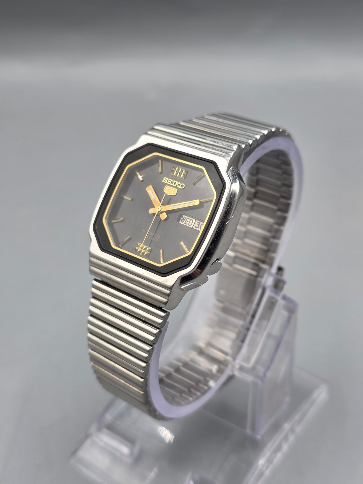 Vintage Seiko 5 Automatic 17 Jewels Octagonal Silver-Tone Case Black Dial Watch