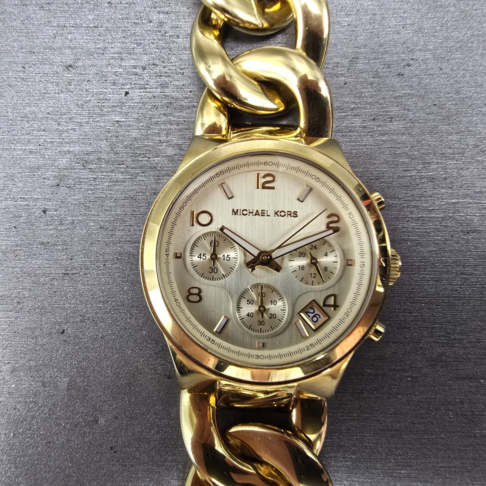 Michael Kors Runway Chronograph Watch Women 38mm Champagne Dial Gold Tone Runs