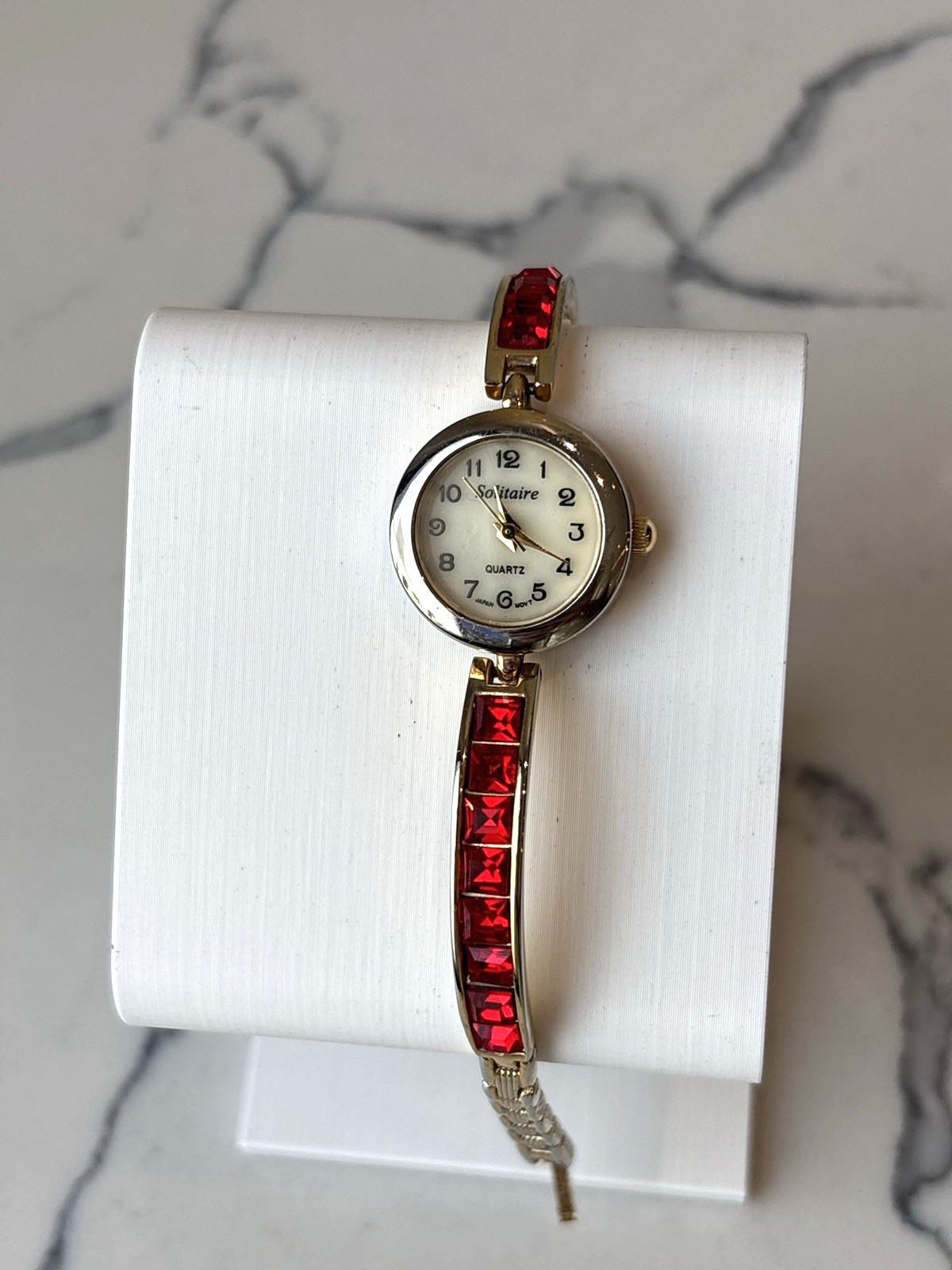 Dazzling Solitaire Two-Tone Ladies Watch Red Stone Inlay, Gifts for Her
