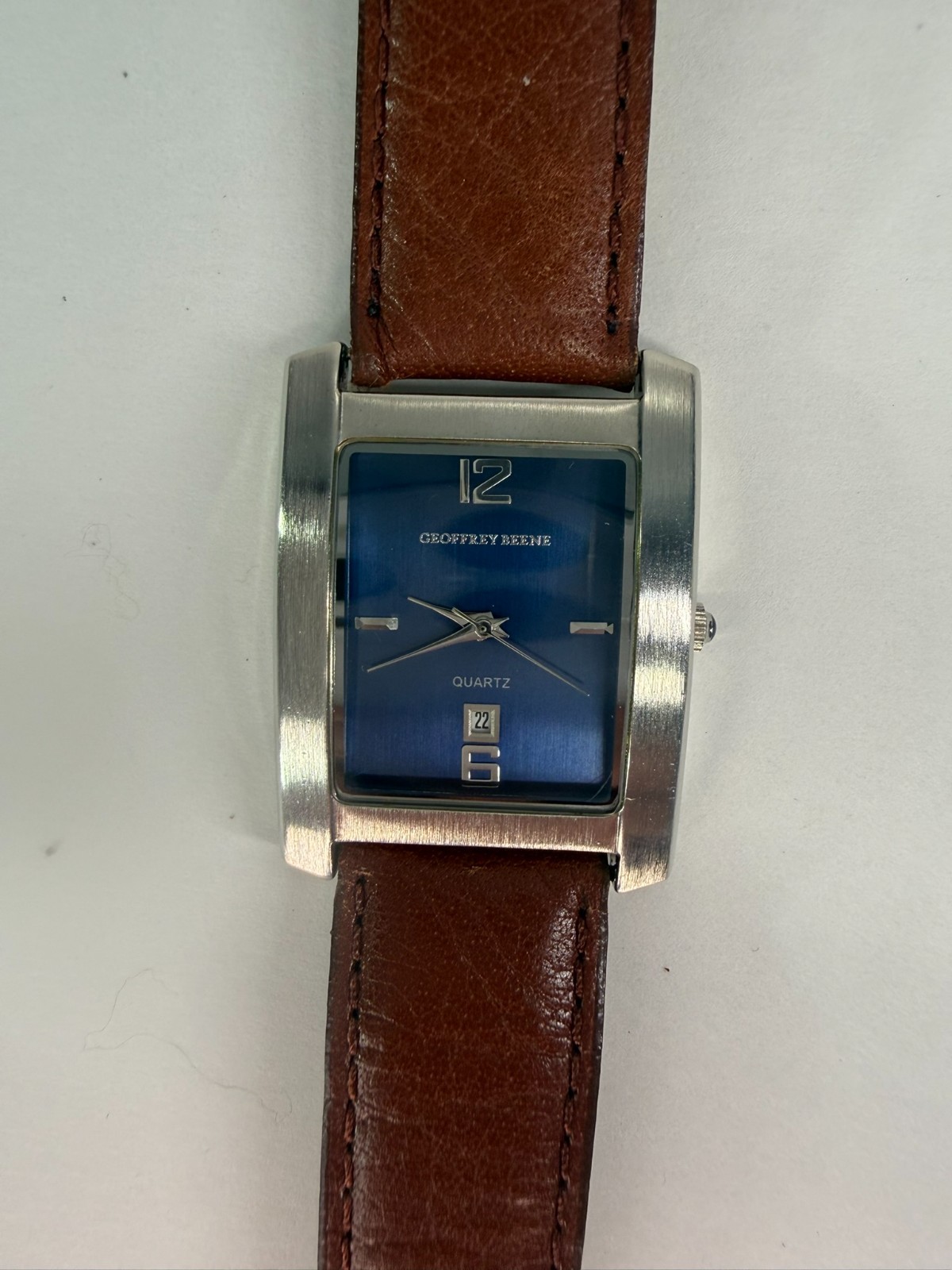 Geoffrey Beene GBM165 Wide Rectangular Navy Blue Dial Date Brown Leather Watch