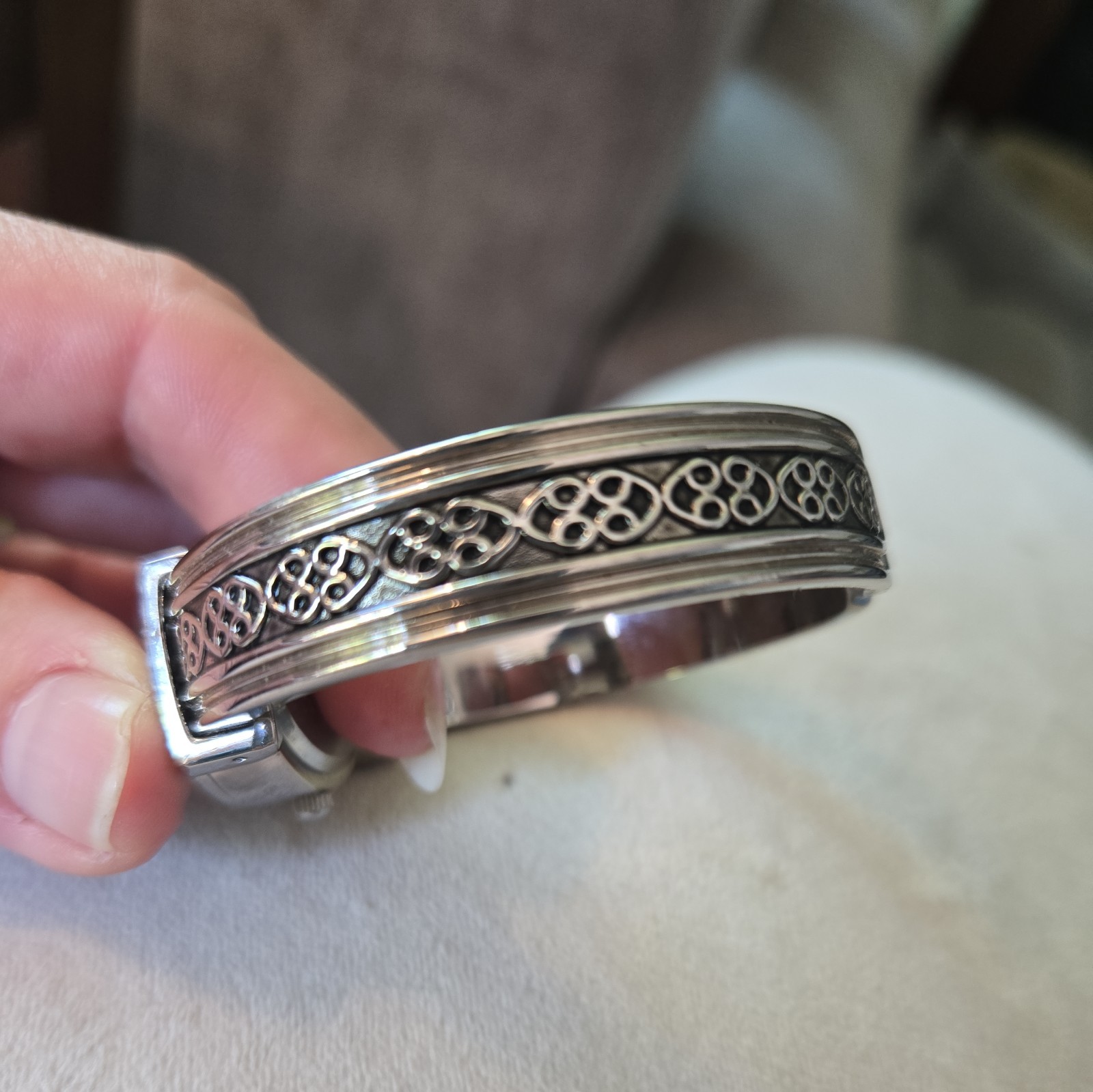 Hidden Dial Womens Watch Silver Tone Faux Turquoise Bangle Cuff