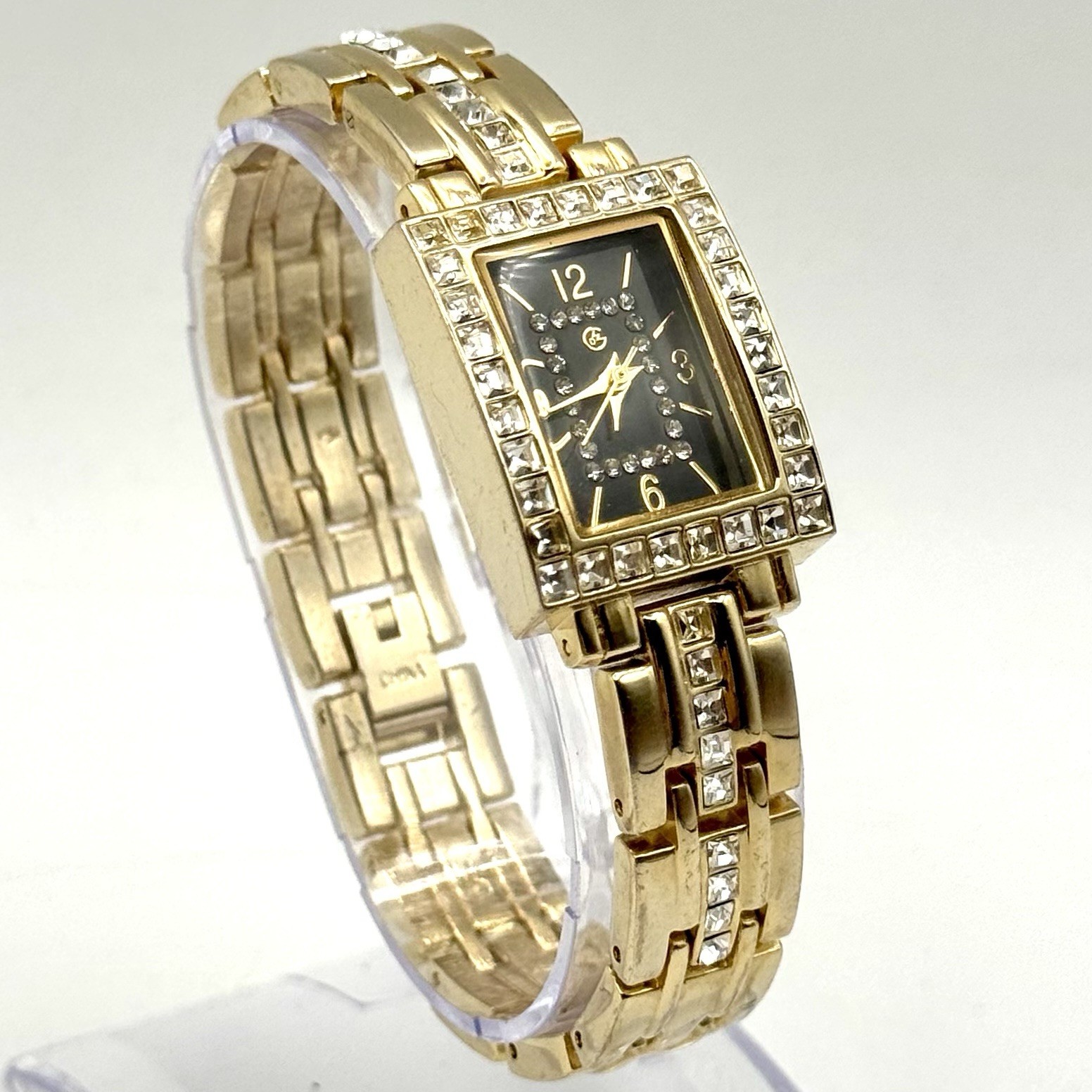 George Ladies Watch Gold Tone Bracelet Black Dial Crystal Rhinestone Accents VTG