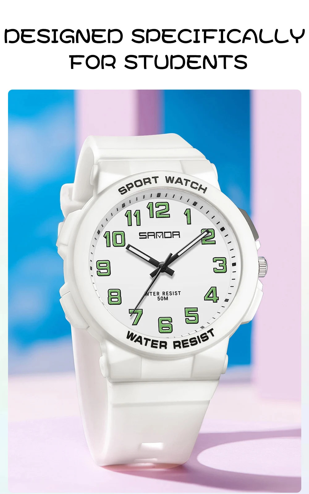 Sanda 6123 Trendy Design Soft Student Watch TPU Strap 50M Depth Waterproof