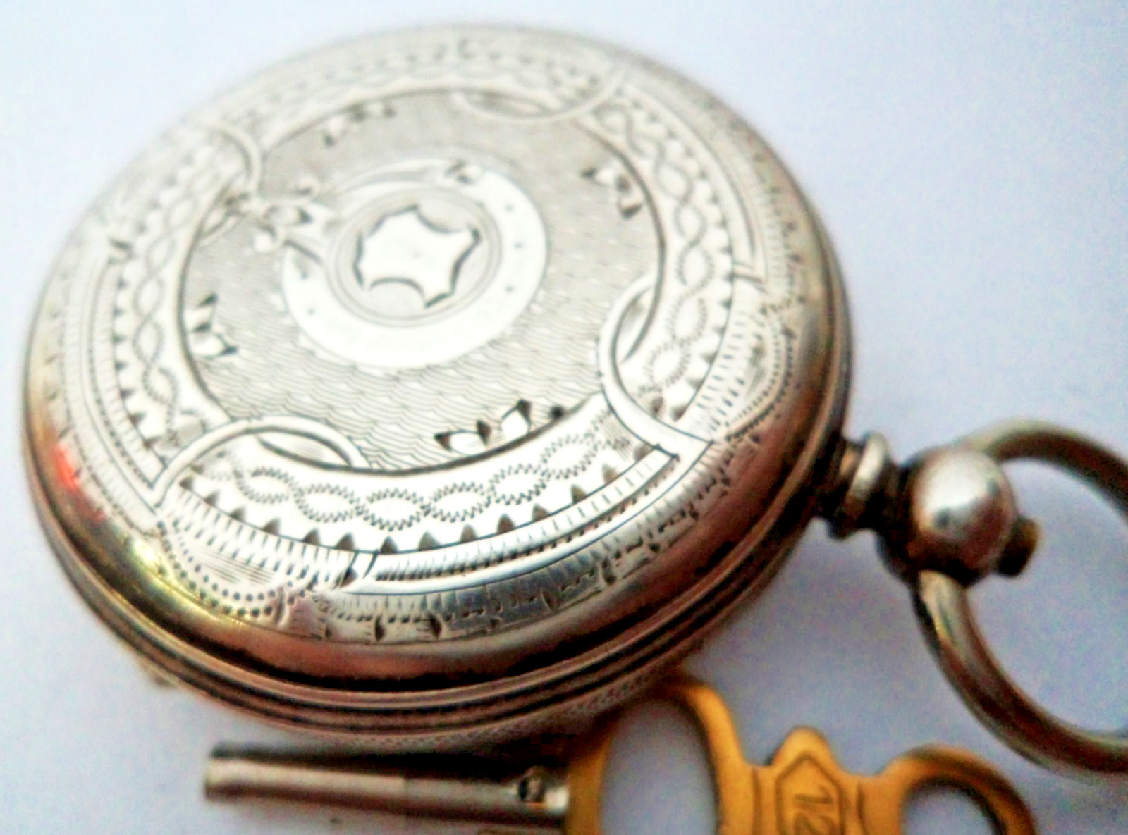 ANTIQUE SILVER CYLINDER POCKET WATCH WORKING, VICTORIAN 1870 HAND ENGRAVED CASE.