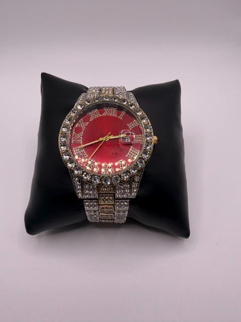 Bling Hip Hop Iced Rapper Clear Sones Red Dial Metal Luxury Watch