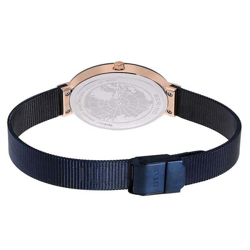 Bering Time Watch Ceramic Ladies Pink Case with Blue Dial & Mesh Strap 35036-367