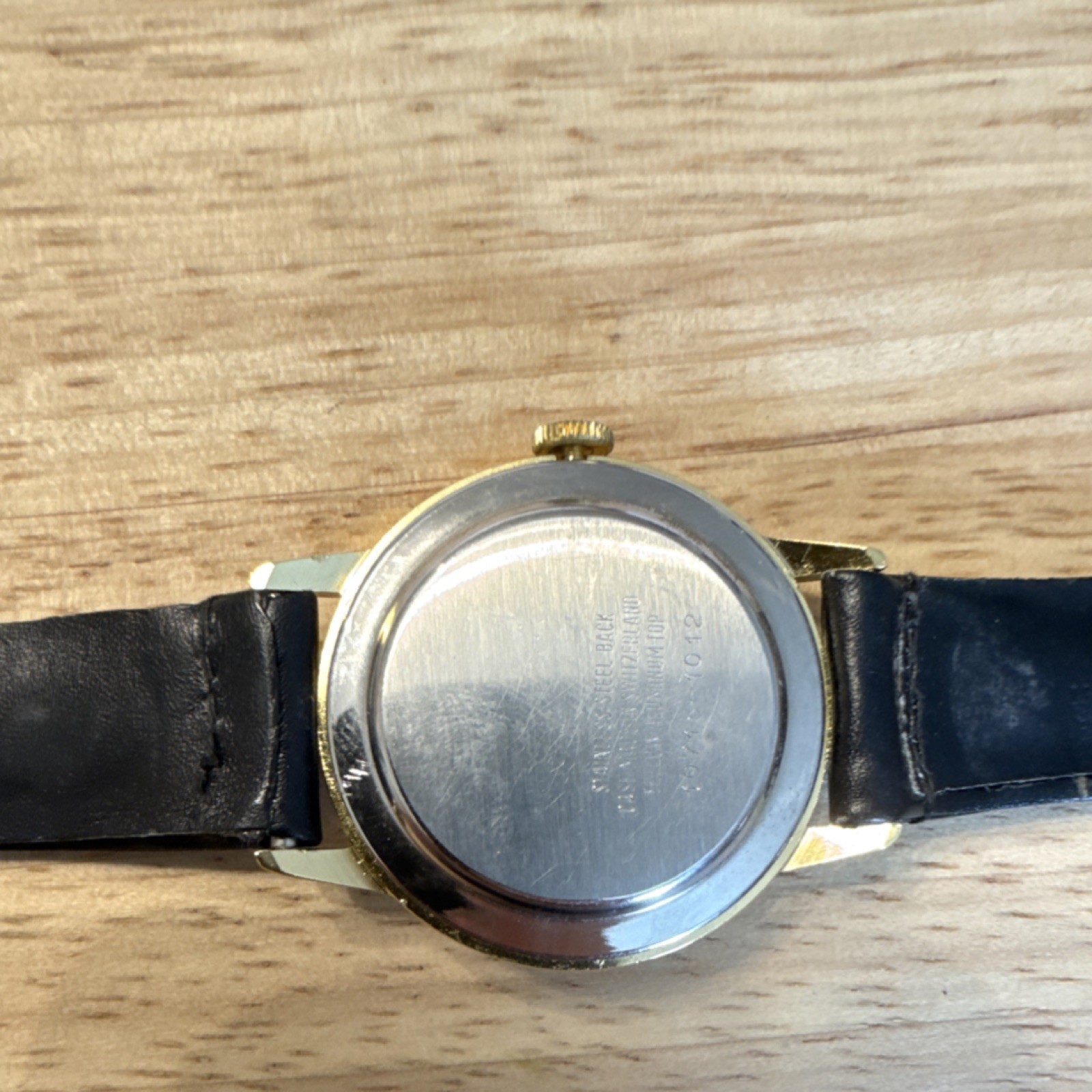 Vtg Stud Oil Treatment Yellow Dial Quartz Novelty Wristwatch Black Leather Strap