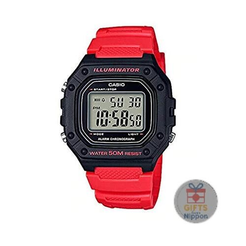 Casio W-218H-4B Digital Watch Black Red Resin Case PU Band 44mm Quartz New