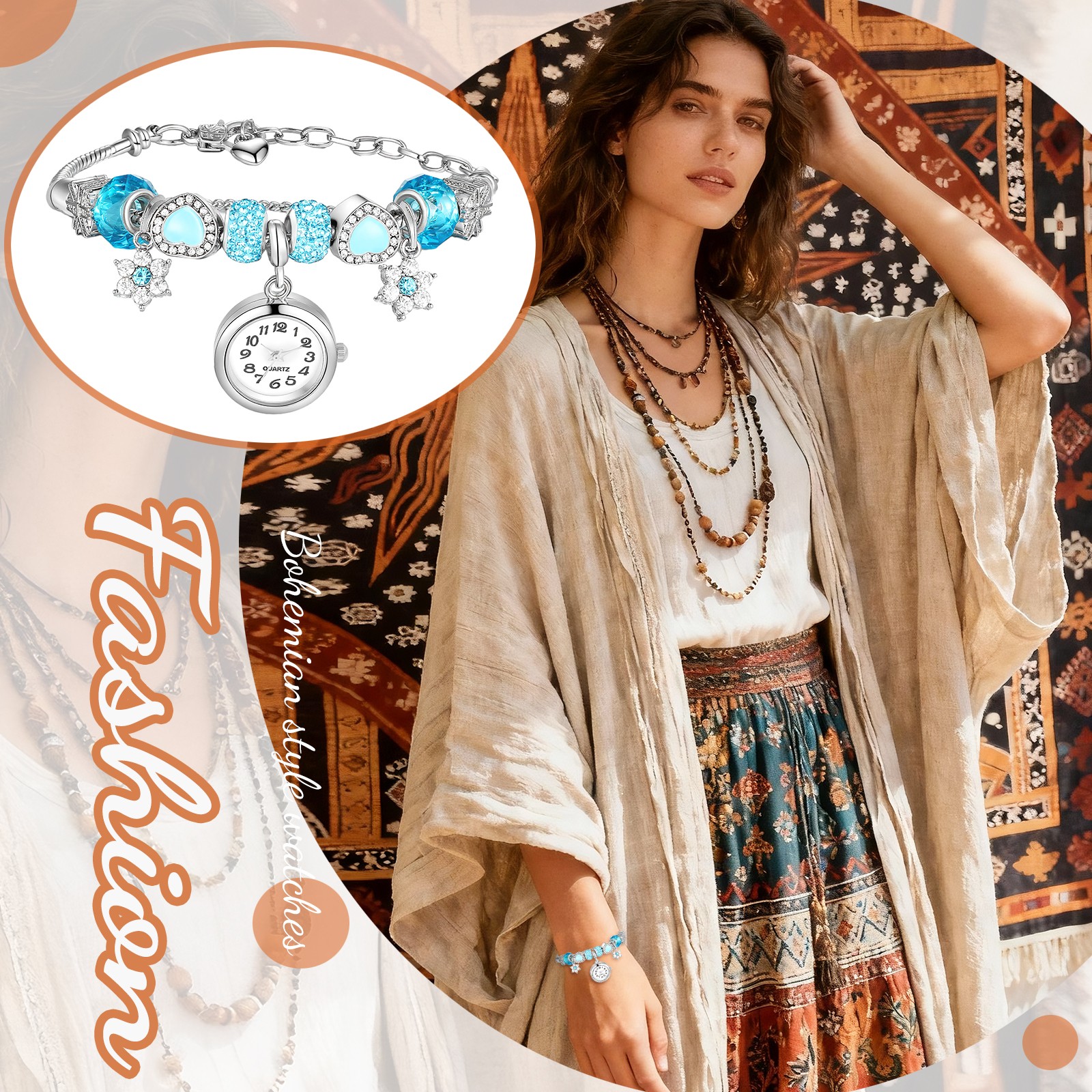 Womens Birthstone Boho Bracelet Analog Quartz Wrist Watch Adjustable Chain Strap