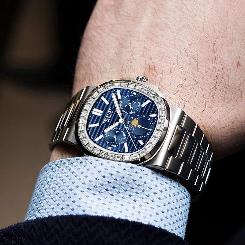 🔥USA🔥PINDU P6502 Men’s Automatic Blue Watch Square Diamond Moon phase