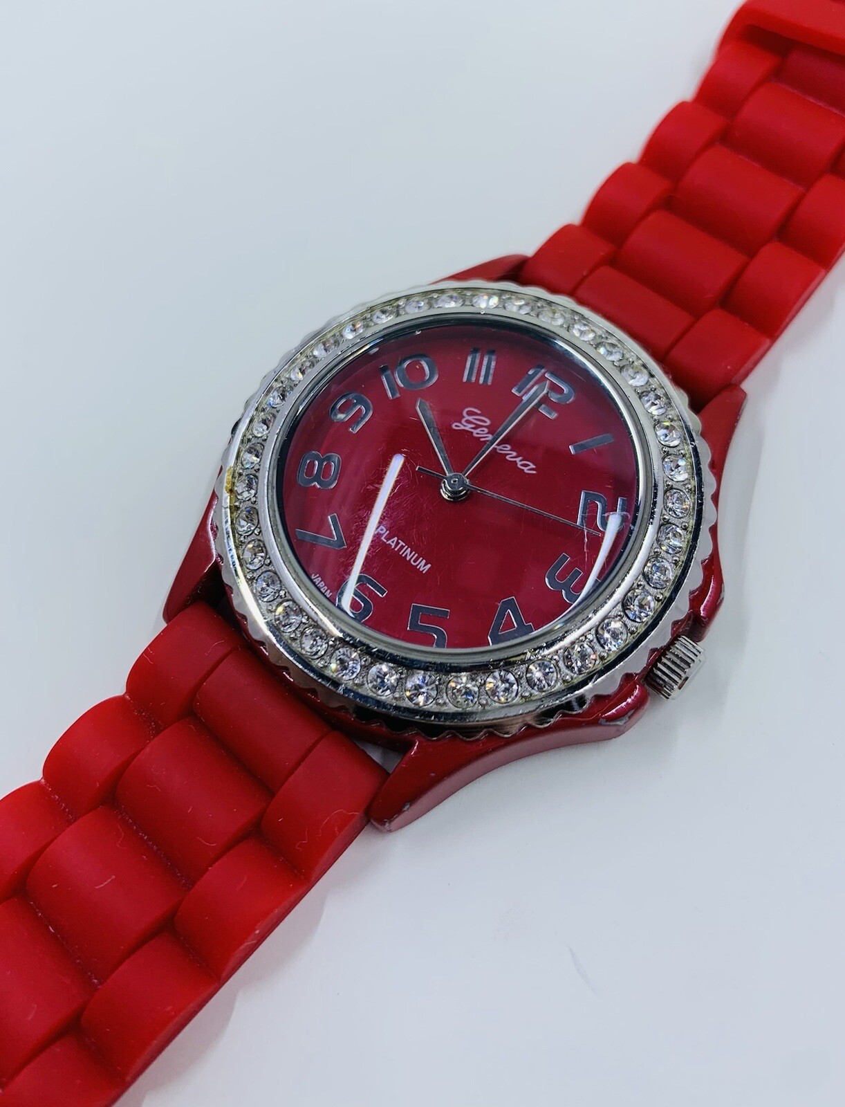GENEVA Platinum Watch Red Rubber Band Silver Case Clear Crystals EUC