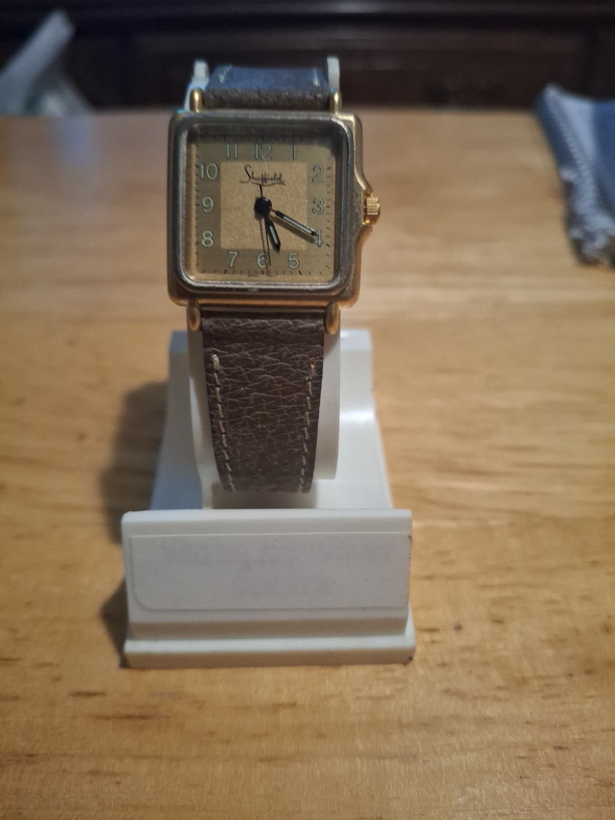 Vintage Sheffield Brand Watch W/ A Square Gold Tone Case & A Brown Leather Band