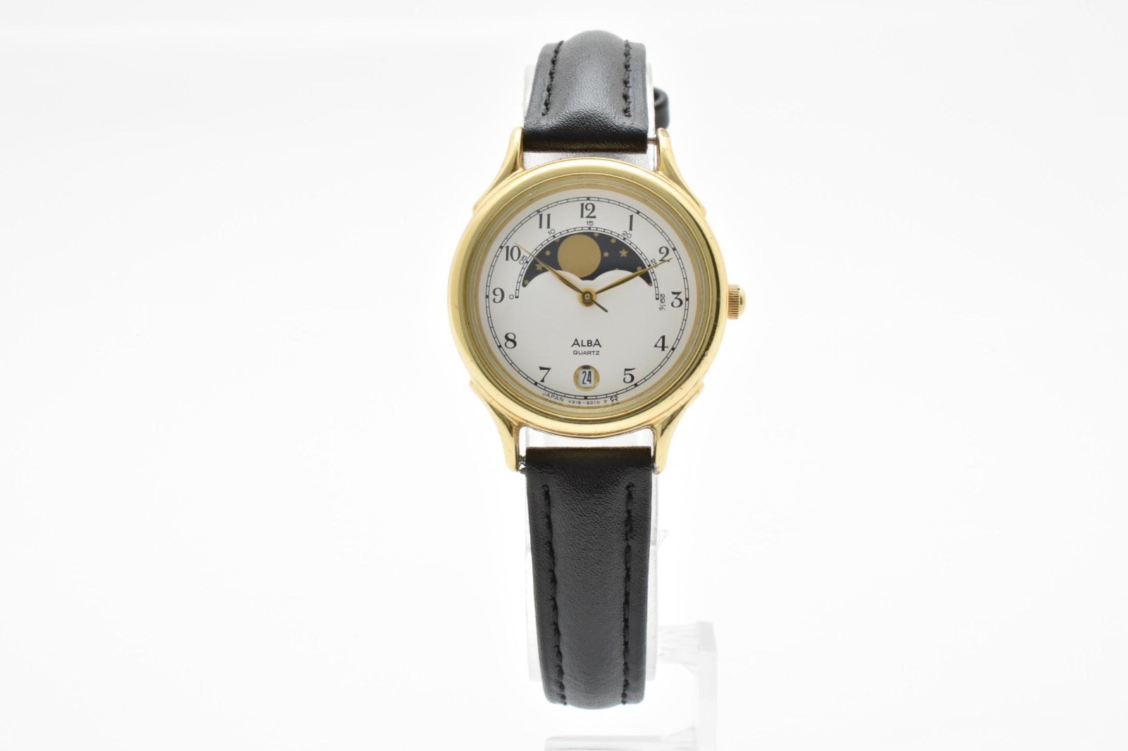 【Exc+5】 SEIKO ALBA V318-6010 Moon Gold Date 28mm Quartz Watch From JAPAN