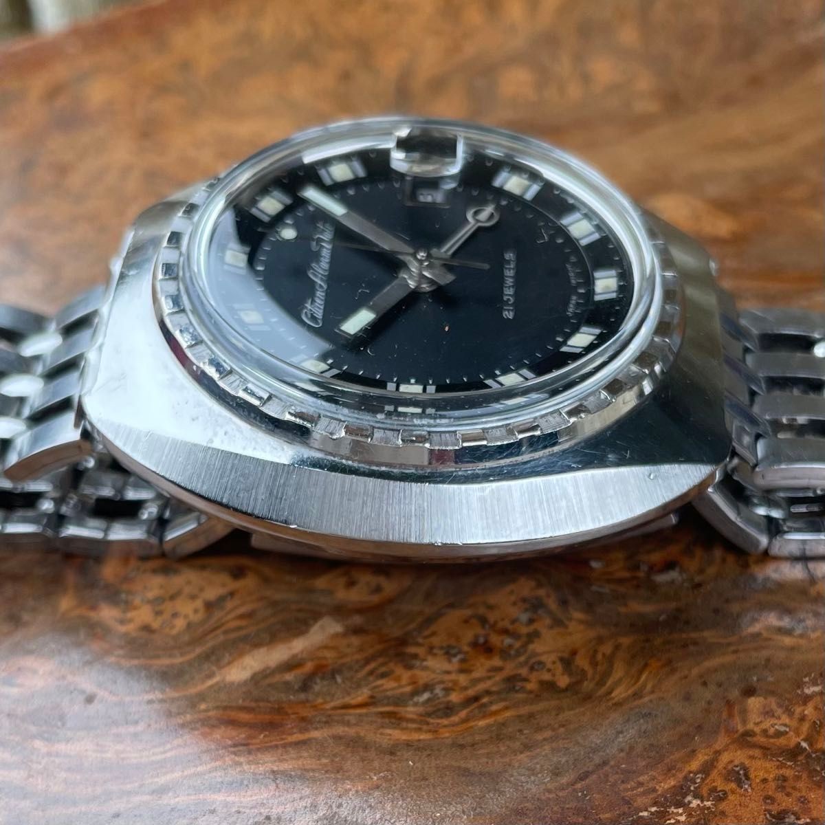 CITIZEN Alarm Date ALD5 2901A-Y Black Gilt Dial 21J Manual Watch Vintage Japan