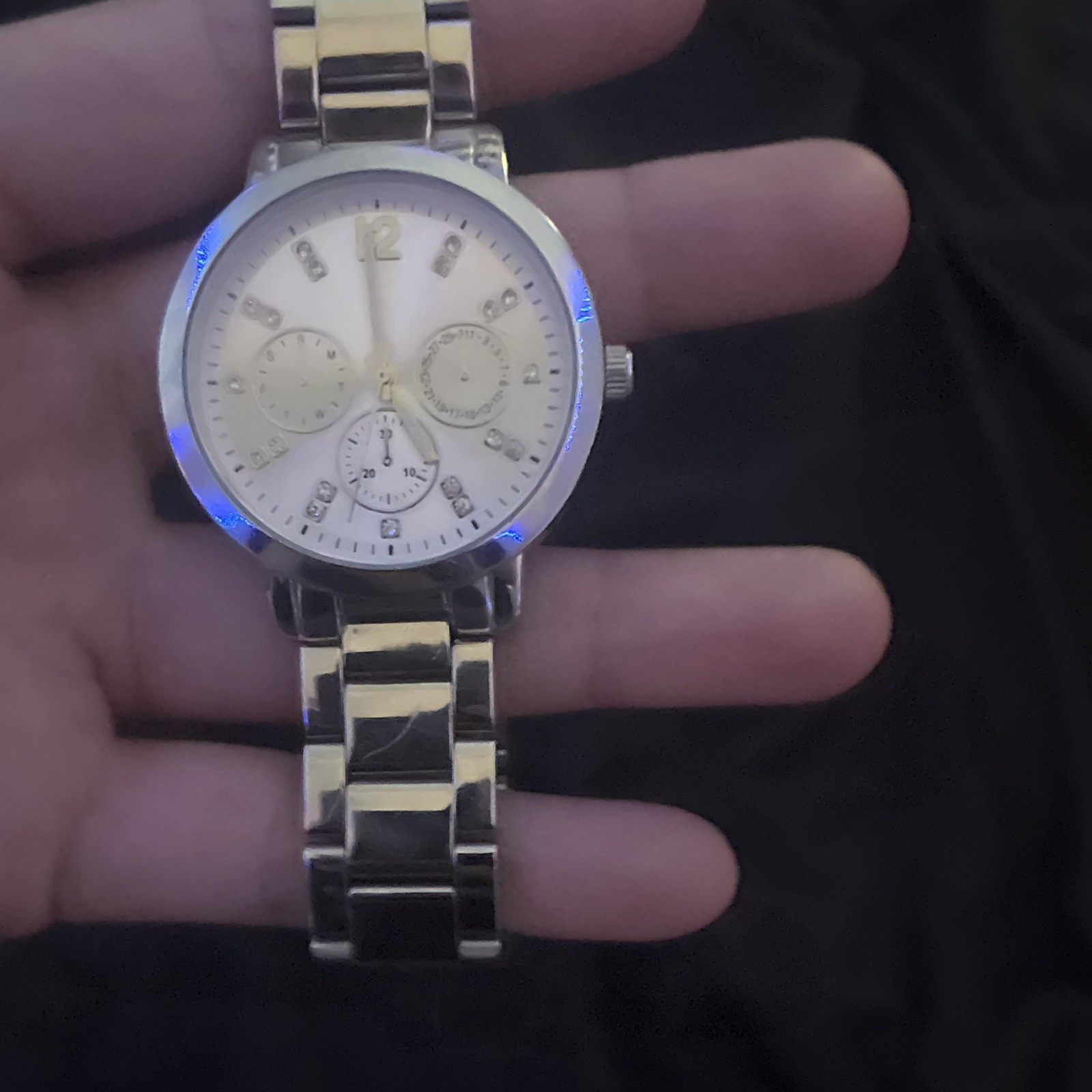 Silver Tone Round Analog Wristwatch White Dial Arabic & Gemstone Markers