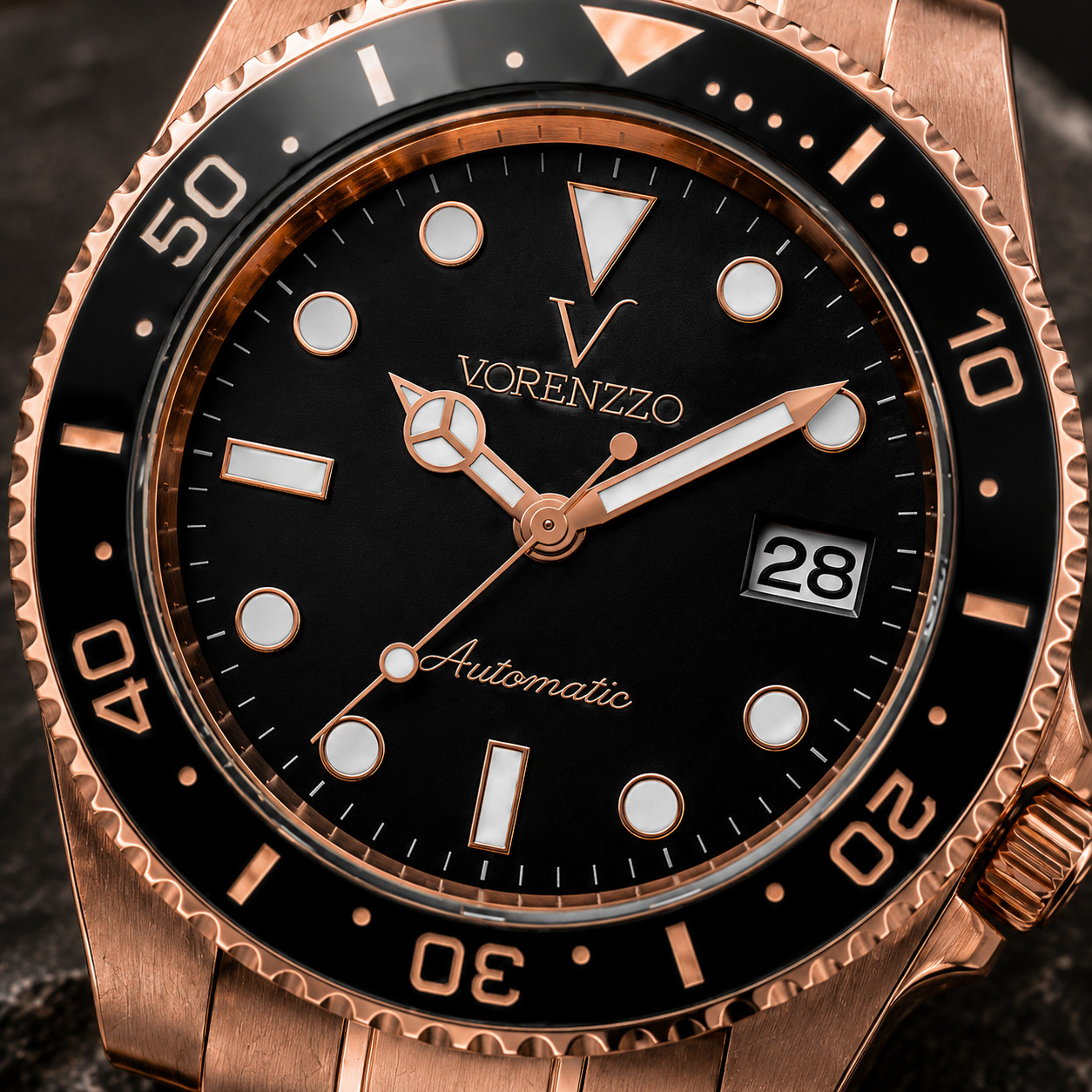 VORENZZO Automatic Watch 40mm Rose Gold Black Dial Sapphire Date Men’s