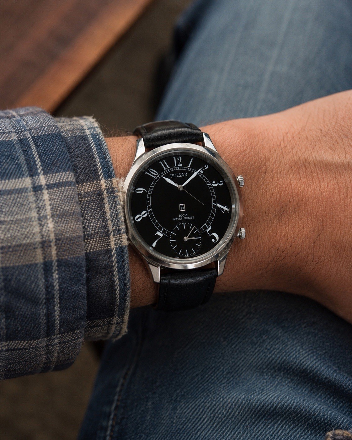 😍 RUNS GREAT! Clean 1990s PULSAR DUAL TIME 42mm Black Steel Date Dress Watch