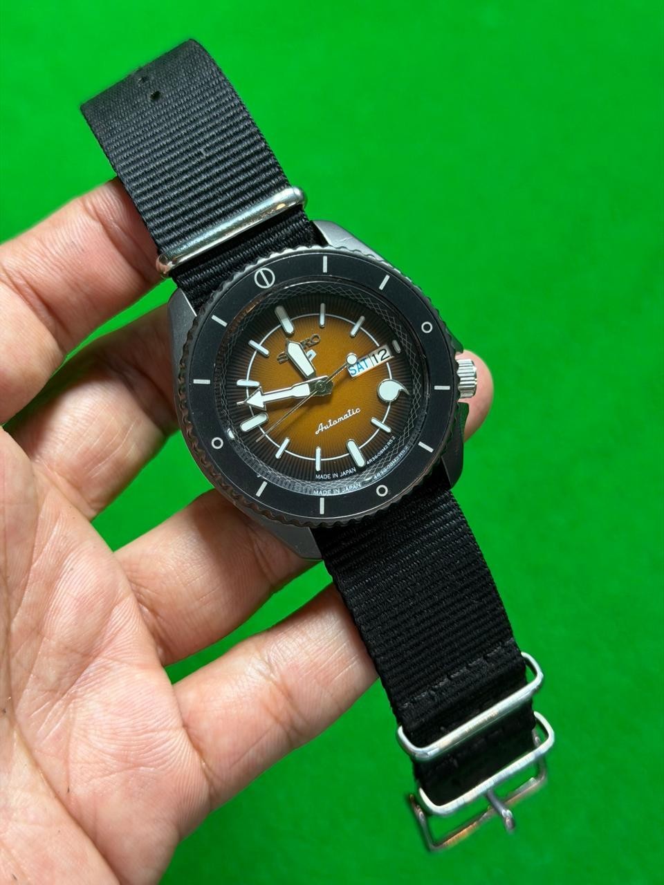 Seiko Automatic Men’s Watch Brown Dial Black Case NATO Strap Day Date