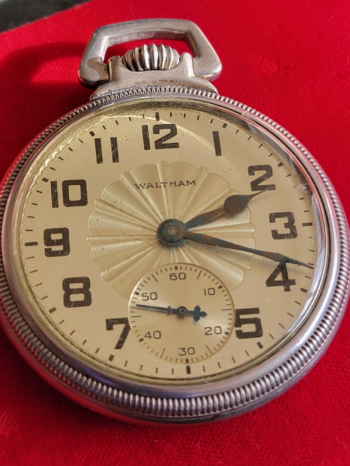 VINTAGE 16 SIZE EQUITY WATCH CO. POCKET WATCH, WITH WALTHAM DIAL, KEEPING TIME