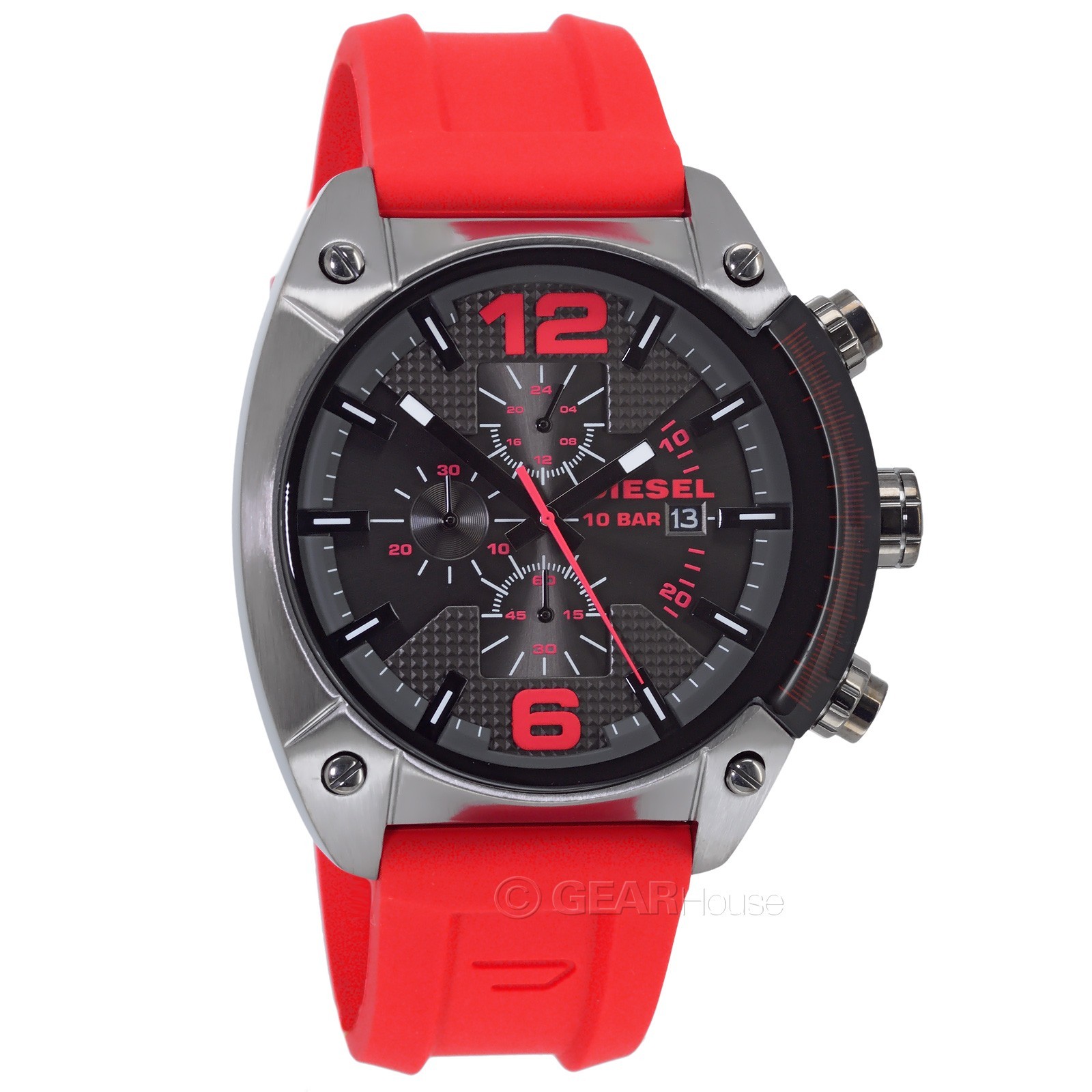DIESEL Overflow Mens Chronograph Watch, Gunmetal Gray Dial, Red Silicone Band