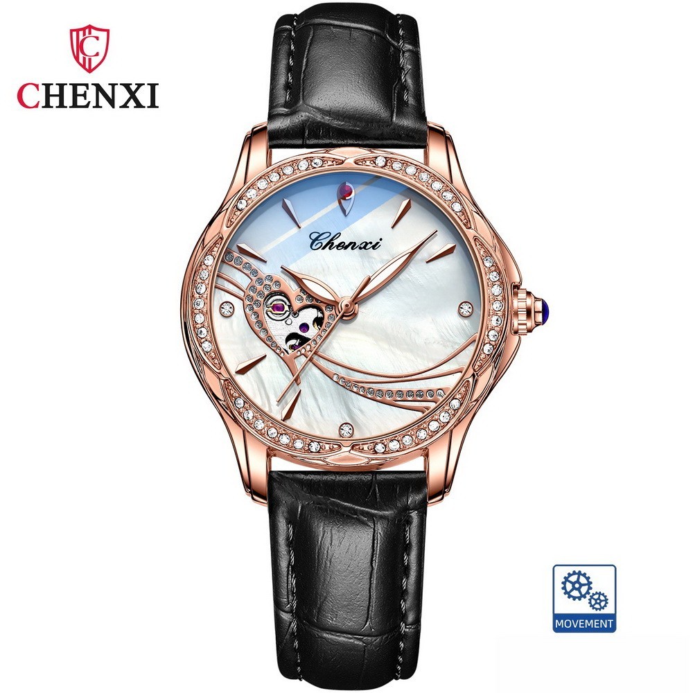 CHENXI Women Leather Hollow Out Luminous Waterproof Automatic Mechanical Watch