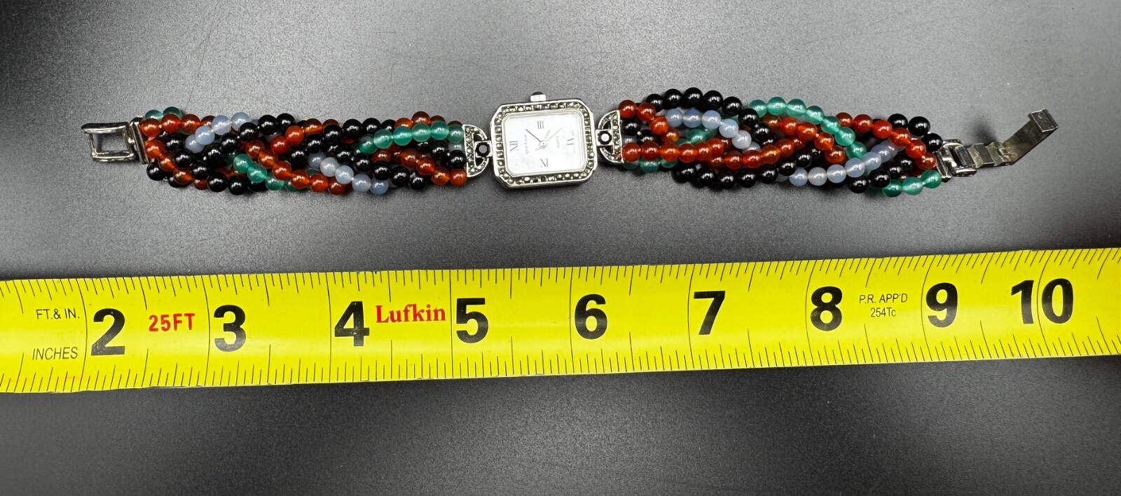 Geneva Watch with Green/Black/Red Bead Band 8 inches