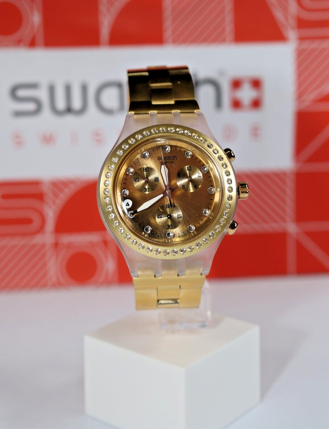 NEW LIMITED SWATCH IRONY FULL BLOODED GOLD CHRONO ALUMINUM 43MM WATCH SVCK4084