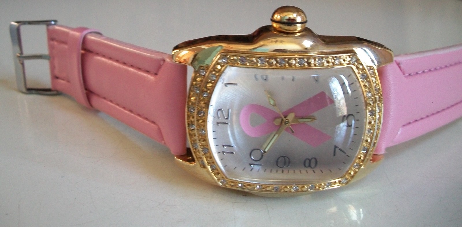 Geneva Pink Ribbon Breast Cancer Awareness Leather Band Rhinestone Fashion Watch