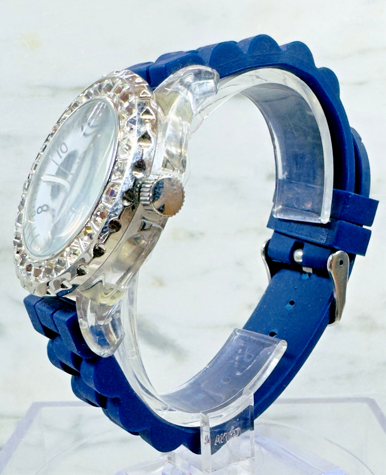 Vintage Bora Quartz Watch Bling Bezel Blue Silicone Strap 40mm New Battery