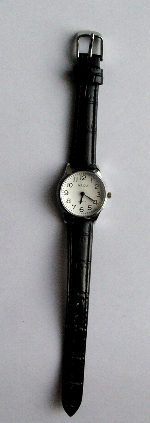 Naidu Silver Tone Dial Round Case Black Faux Leather Band Watch