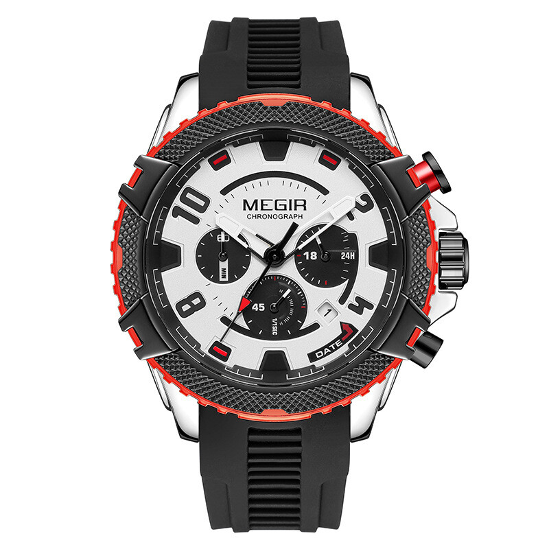 MEGIR Watch Men Waterproof Chronograph Calendar Military Male Rubber Wristwatch