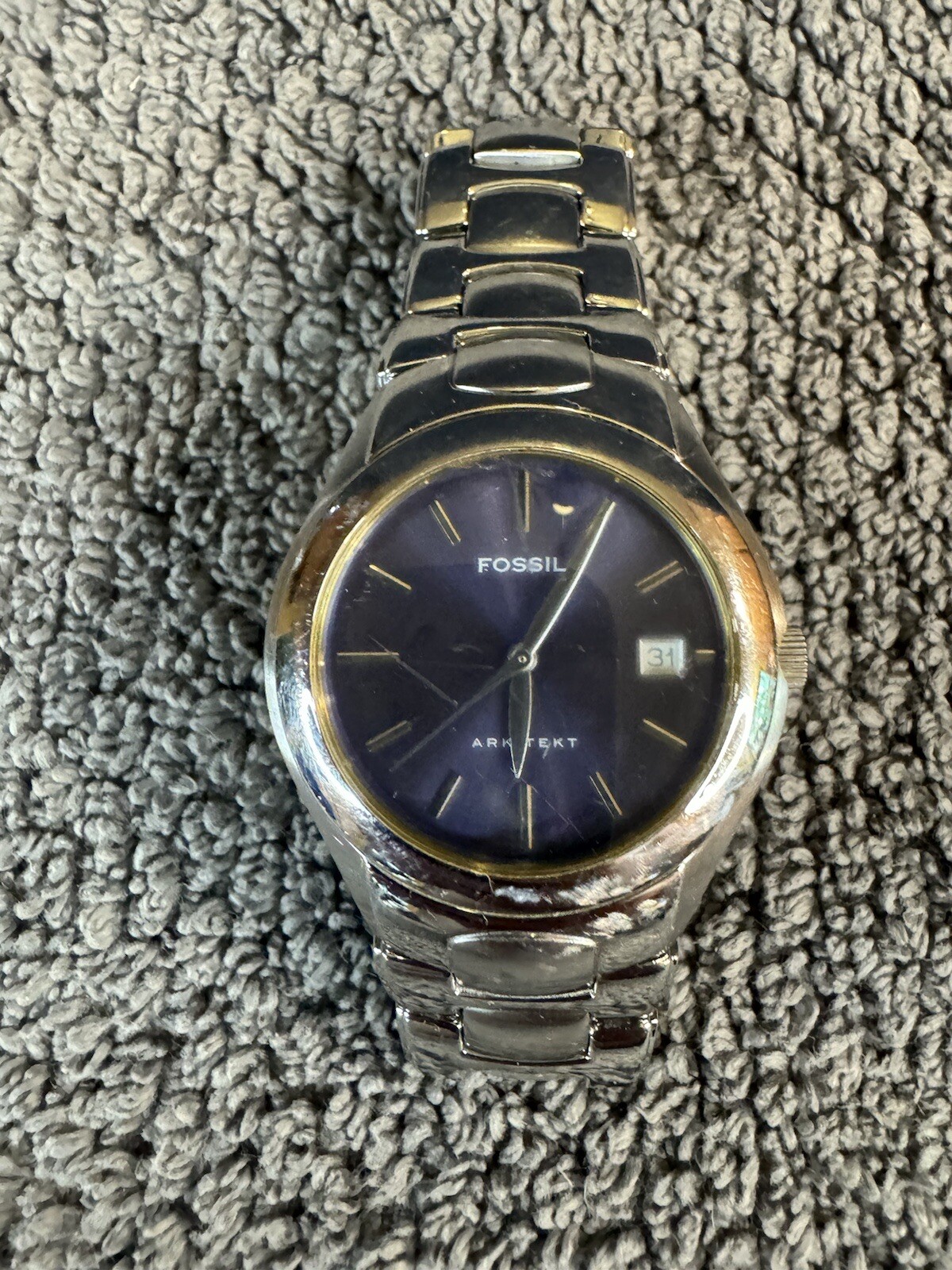 Men’s Fossil Arkitekt FS-2906 50M Silver Tone Blue Quartz Date Watch New Battery