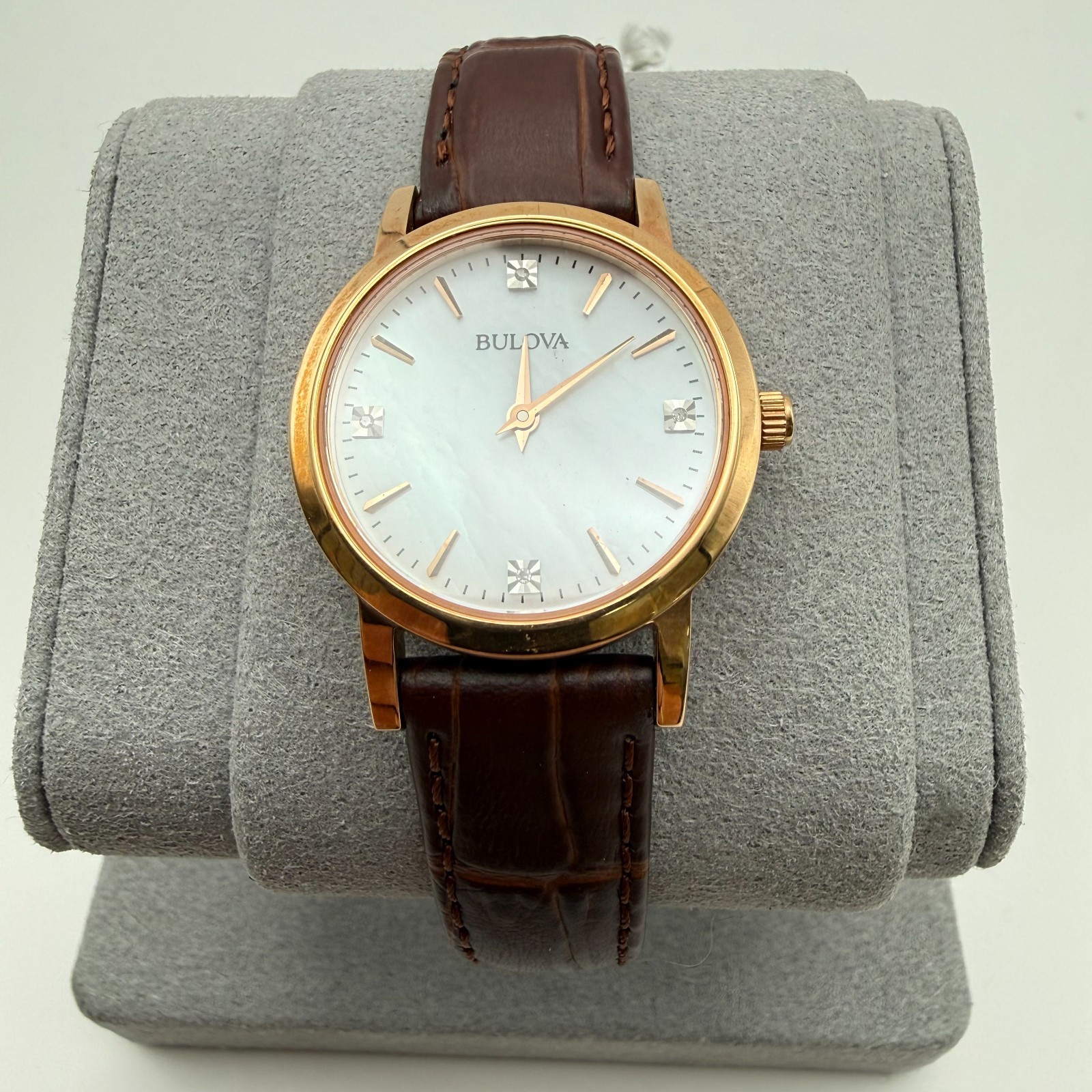 Bulova 97P105 Women’s Quartz Diamond Accents Gold Brown Leather 27mm Watch NEW
