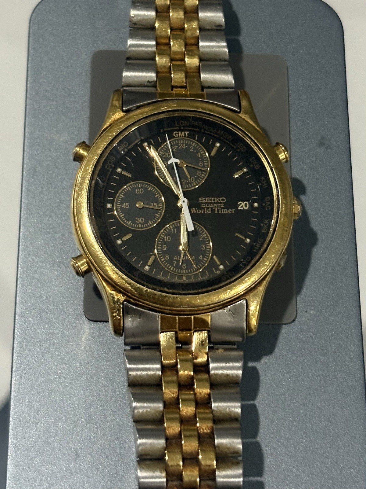 1993 Seiko World Timer 5T52-6A39 Quartz Watch Black Gold Alarm New Battery