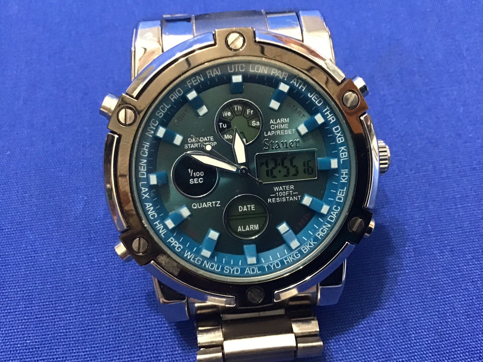 Stauer Blue Stone Chronograph Wristwatch Model 33207 w/BOX, 30m bz 18z