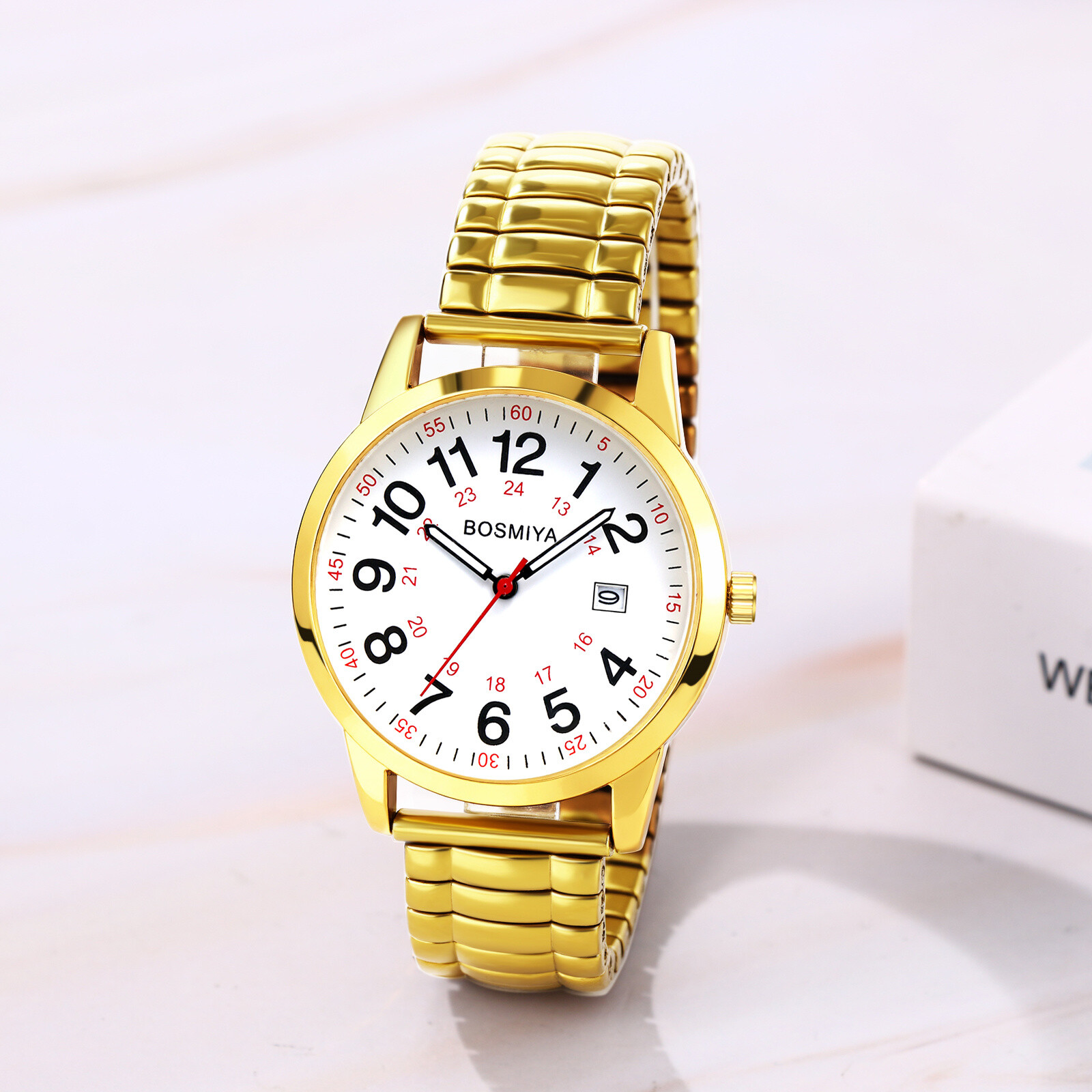 Women Men 12H/24H Big Dial Easy Reader Date Dial Elastic Band Quartz Wrist Watch