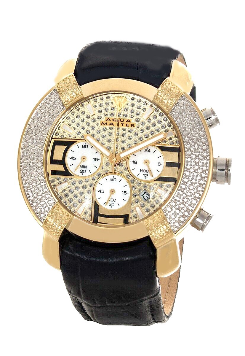 Aqua Master Men’s Gold-tone Bezel Black Alligator Band Leather Band Watch W#96