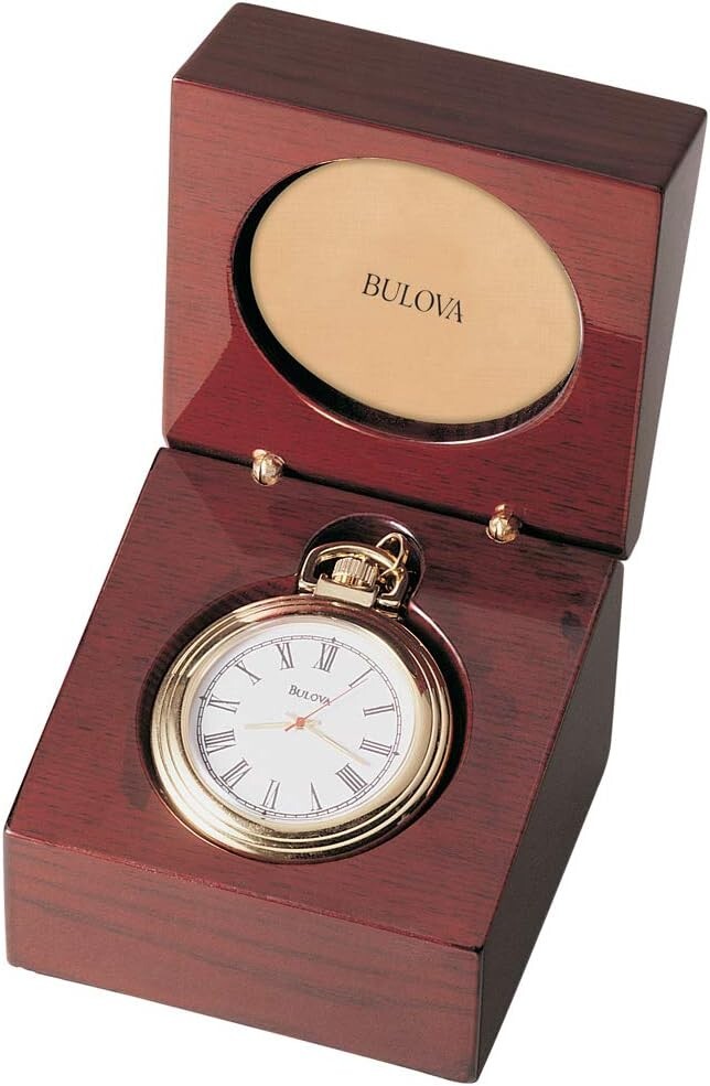Bulova B2662 Ashton Pocket Watch Gold-Tone Finish/Mahogany Box-working
