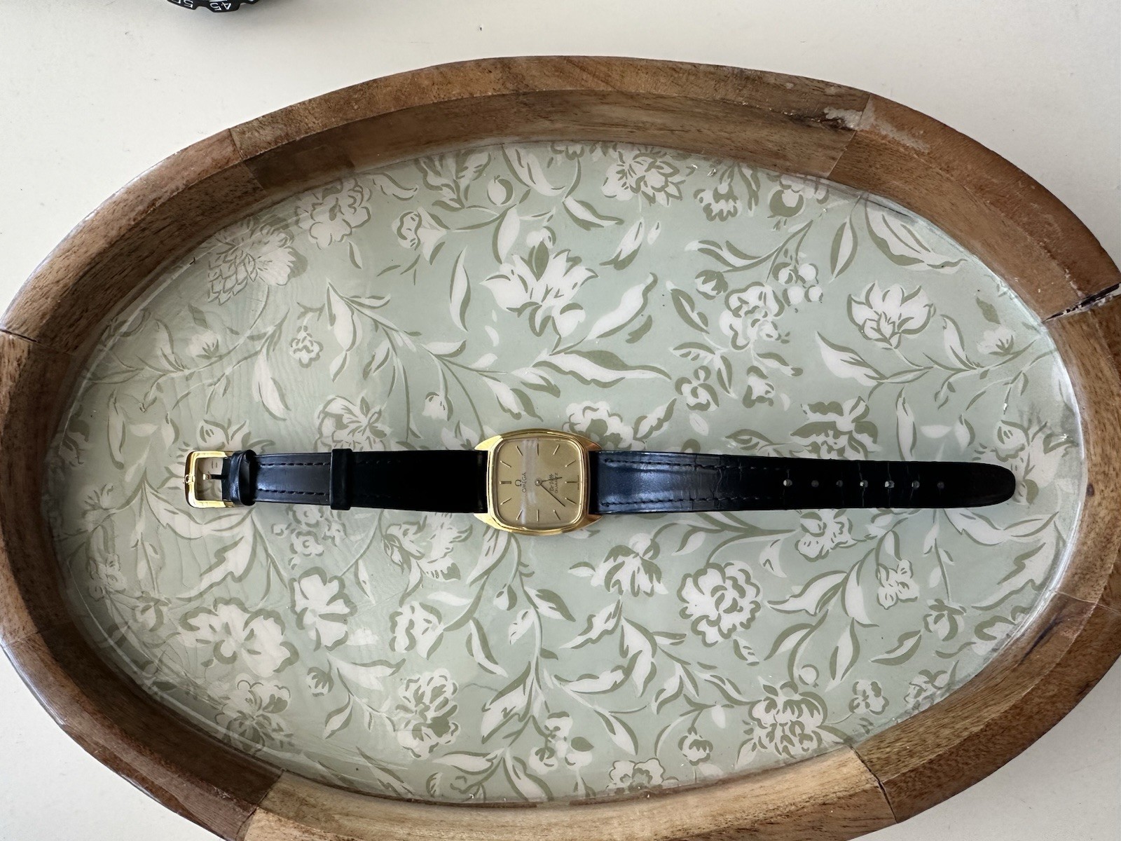 Omega De Ville Quartz Men’s Square 28mm Gold Dial/Case Black Leather Strap