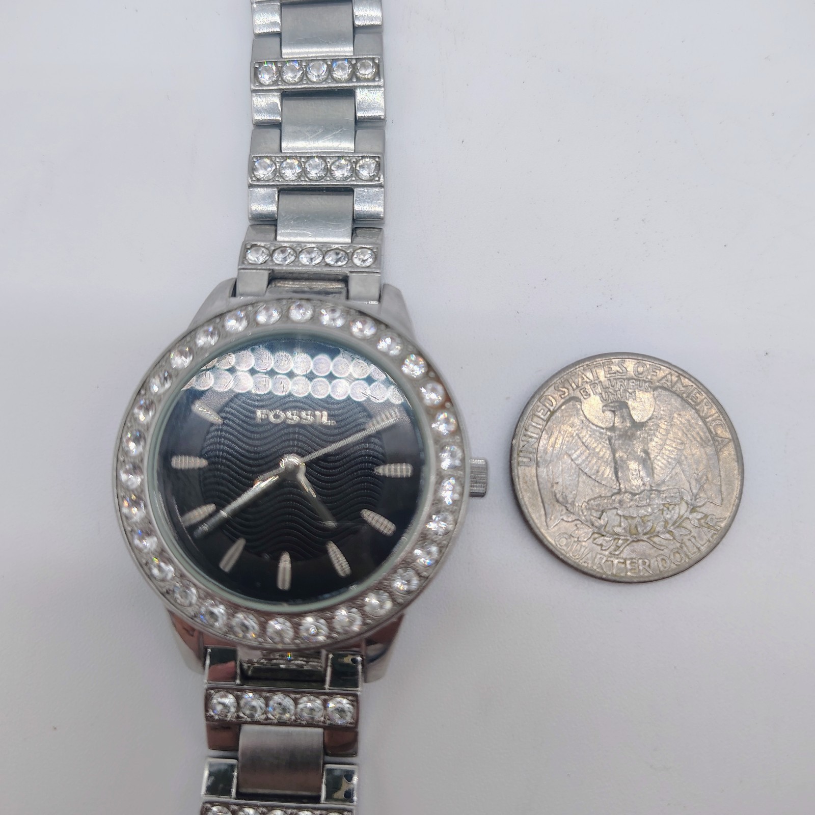 Fossil ES2130 Womens Silver Stainless Steel Analog Dial Quartz NEW BATTERY