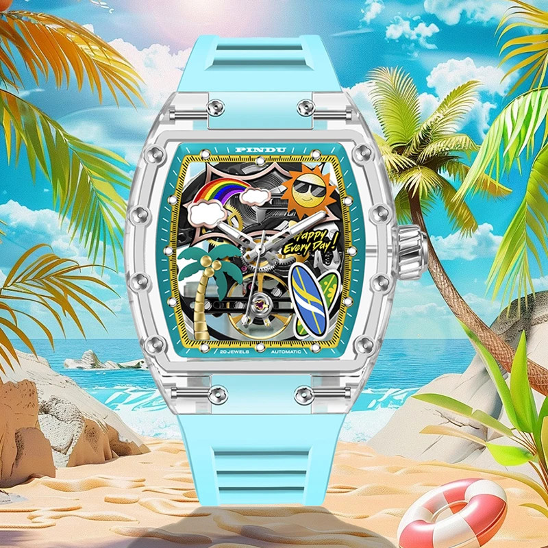 PINDU Men Mechanical Watch Tonneau Summer Beach Glowing Waterproof Silicone