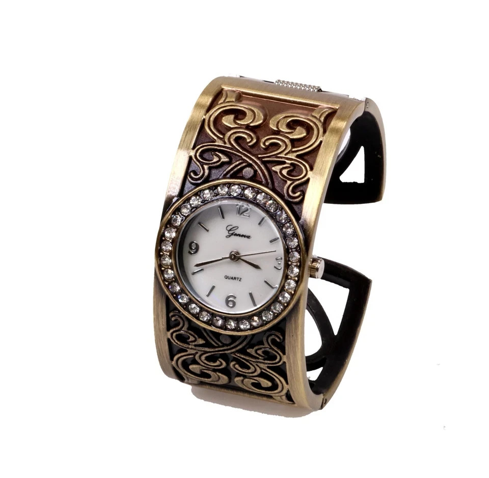 Women’s Western Style Brass Finish Fashion Bangle Cuff Watch Heart Love Band