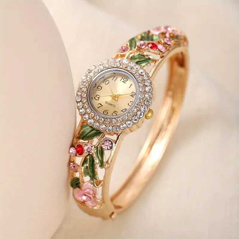 Luxury Women Watch Quartz Movement Rhinestone Flower Bangle Design Holiday Gift