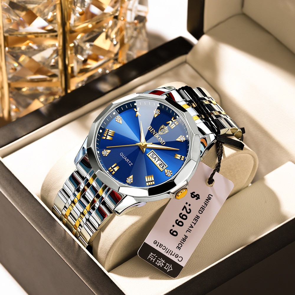 Men’s Business Stainless Steel Quartz Watch Dual Calendar Butterfly Clasp 41mm